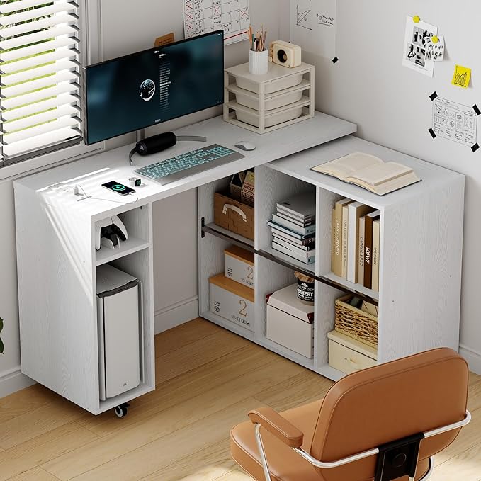 White L-Shaped Computer Desk Table with Charging Station–Small Study Writing Desk with Backless Storage Shelves, 67” Bedroom Side Table & 360°Rotating Desk