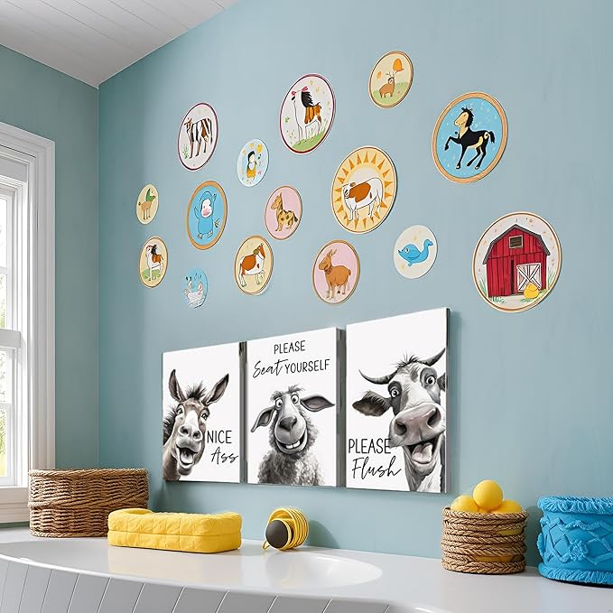 YOUHONG Funny Bathroom Wall Art Farmhouse Decor Cow Pictures with Wooden Frame - Waterproof Canvas Prints 20x28 Inch 3 Piece Bathroom Wall Decor for Funny Art