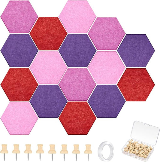 16 Pcs Hexagon Cork Board for Walls with 50 Wooden Push Pins 6.7 x 5.9 in Felt DIY Tiles Notice with Nano Tape Hanging Bulletin Board for Home Photo Office Memo Note (Gradual Purple)