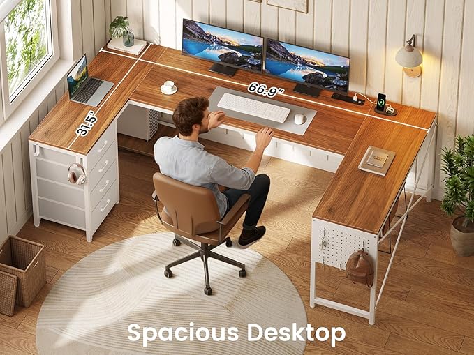 L Shaped Desk, 67" Reversible Computer Desk with 4 Fabric Drawers and Power Outlet, Corner U Shaped Desk with Shelf and Pegboard for Home Office, Brown+White