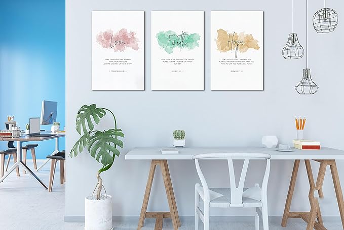 SHMAO Bible Canvas Wall Art Motivational Wall Decor, 3 Piece Love Faith Hope Canvas Print Pictures for Office Wall Decor Women Inspirational Framed Artwork Home Office Decor 16”x24”x3 Panels