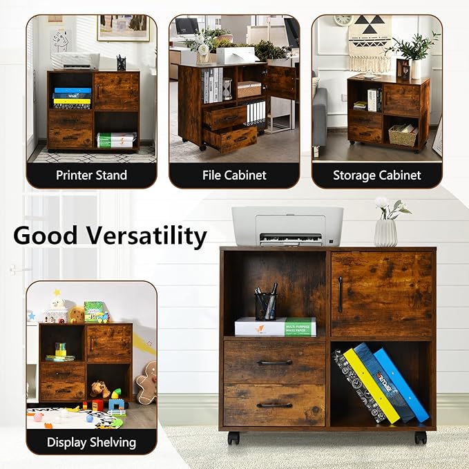 Giantex Printer Stand Lateral Cabinet - Mobile File Cabinet with 2 Drawers, Office Cabinet with 2 Open Compartments, Lateral Rolling Filing Cabinet on Wheels, Printer Cabinet(Brown)