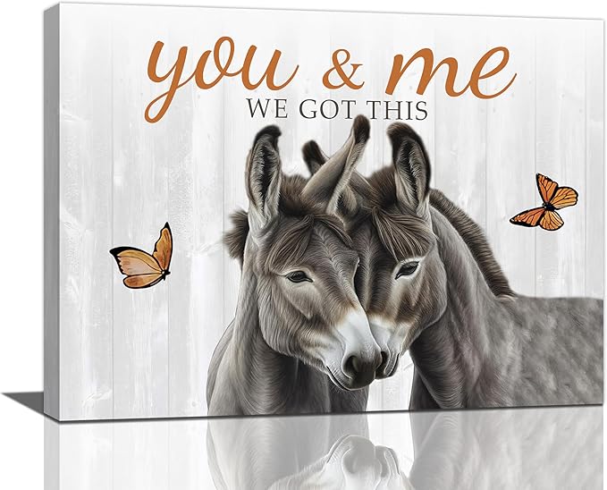 yerretin Farmhouse Donkey Wall Art Country Love Pictures Wall Decor Rustic Animal Canvas Painting Home Decoration Artwork for Bathroom Bedroom Living Room Office Framed 16"x12"