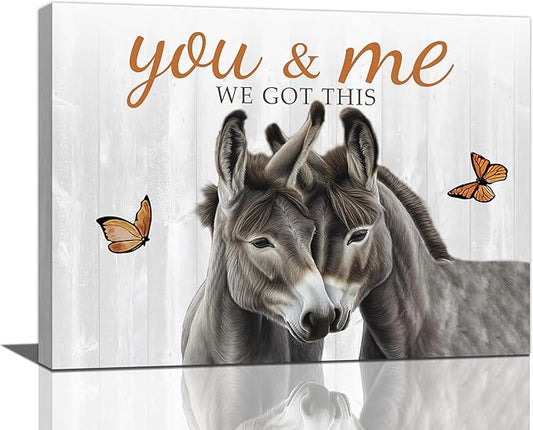 yerretin Farmhouse Donkey Wall Art Country Love Pictures Wall Decor Rustic Animal Canvas Painting Home Decoration Artwork for Bathroom Bedroom Living Room Office Framed 16"x12"