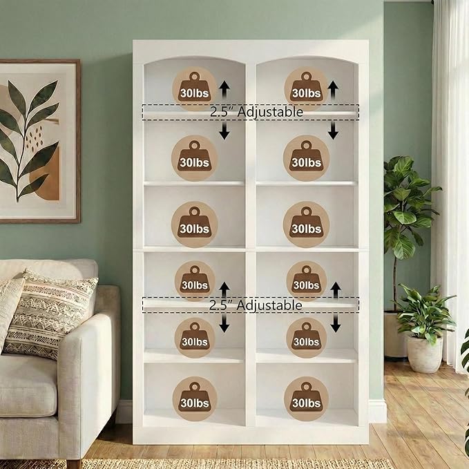 71" Tall Bookcase, Double Wide White Bookshelf with Arched Design, 12-Tier Open Wood Display Shelf Storage Organizer for Living Room, Home Office (41.6" W x 70.8" H)