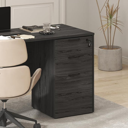 Furinno Roger File Cabinet, 3-Drawer Fixed Pedestal Filing Cabinet with Lock, Soft-Close Drawers with Drawer Organizer, for Home Office, Coastal Grey