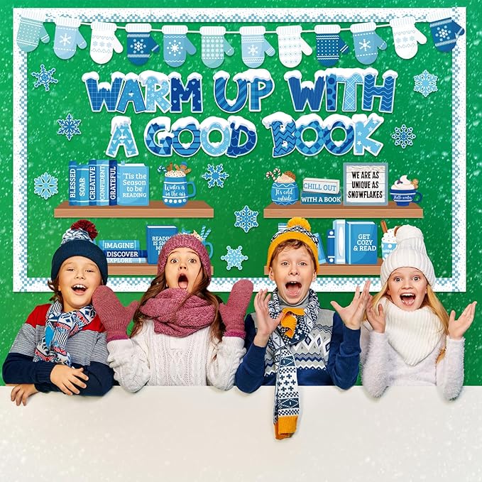 Pasimy 79 Pcs Winter Bookshelf Bulletin Board Decoration Warm Up with A Good Book Bulletin Board Snowflake Paper Cutout Winter Motivational Classroom Decor for School Chalkboard Window Wall Home Decor