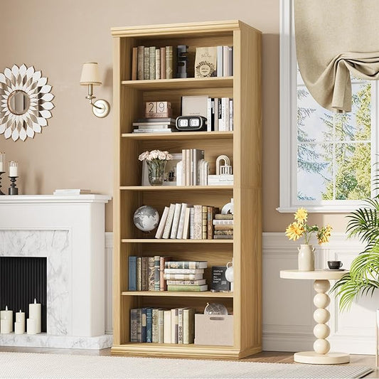Rresyet Bookcase and Bookshelves, 28" W Tall Bookshelf with Elegant Design, 6 Tiers Spacious Book Storage, Freestanding Book Organizer, Display Library Shelf for Home Office, Living Room & Study Room