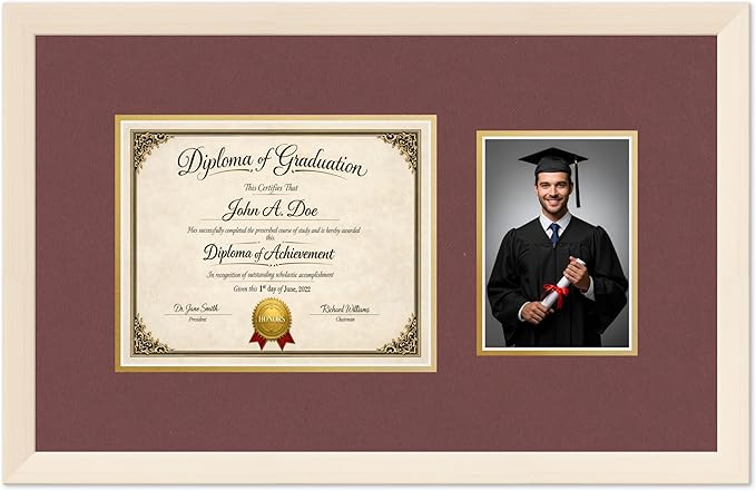 Diploma Frame With Photo Opening Coastal Whitewash Dark Red Over Gold Mat - Fits 10 x 8 Degree and Picture Made in the USA