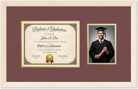 Diploma Frame With Photo Opening Coastal Whitewash Dark Red Over Gold Mat - Fits 10 x 8 Degree and Picture Made in the USA