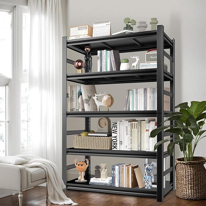 Book Shelf, Screwless Installation Metal Bookshelves, Heavy Duty Steel Bookcases, Adjustable Tall Industrial Bookshelf for Living Room, Bedroom and Library, Black (5-Tier With Fence 72''Hx36''Wx16''D)