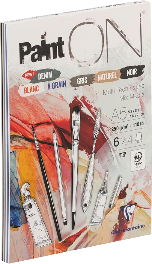 Clairefontaine - Ref 975409C - Paint'ON Multi-Technique Assorted Colour Paper Pad (24 Sheets) - A5 Size, 250gsm Heavyweight Paper, Slight Rough Grain, Acid Free, pH Neutral