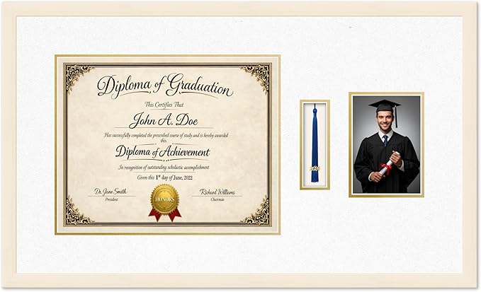 Diploma Tassel and Photo Frame Coastal Whitewash Shadowbox Oyster Shell Over Gold Mat - Fits 15 x 12 Degree Picture Made in the USA