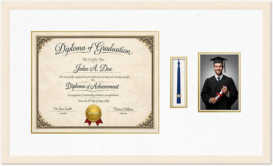 Diploma Tassel and Photo Frame Coastal Whitewash Shadowbox Oyster Shell Over Gold Mat - Fits 15 x 12 Degree Picture Made in the USA