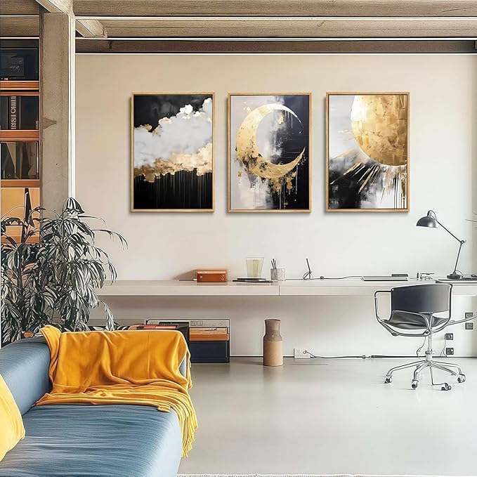 3Pcs Black and Gold Abstract Canvas Wall Art Sun Moon And Cloud Posters Prints Maximalist Pictures Wall Decor For Living Room, Bedroom,bathroom Decoration Unframed