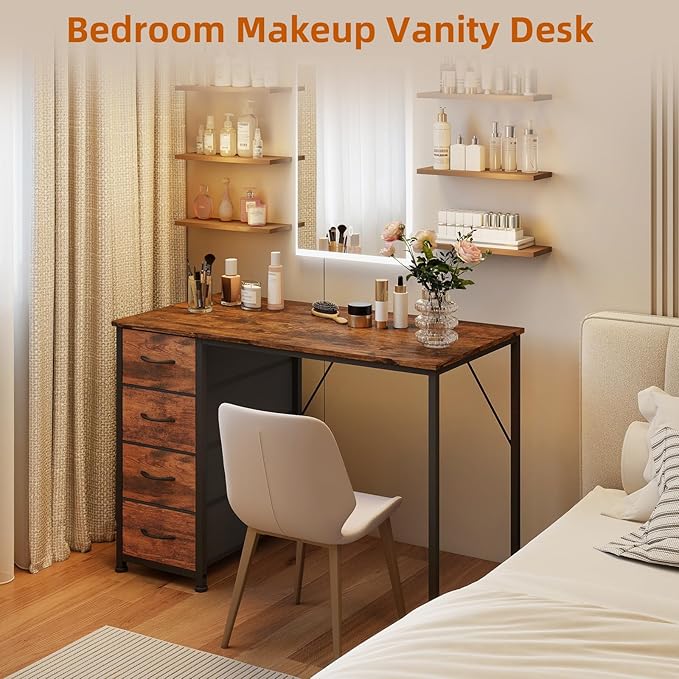 Somdot Small Computer Desk with 4 Drawers for Bedroom,39 Inch Simple Home Office Writing Desk, Study Table with Storage,Work for Home Office, Study,Living Room and Small Spaces,Wood Grain Print