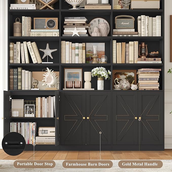 FACBOTALL 75" Triple Wide Bookshelf, Bookshelf and Bookcase with 6 Farmhouse Doors, 71" Wide 6 Tier Book Shelf with 18 Storage Shelves, Large Wooden Bookshelves, Tall Bookcase for Home Office, Black