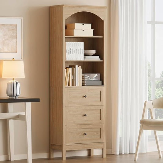 Bookshelf with Drawers, 71" Tall Wood Bookcase with Adjustable Shelf, 24" Wide Arched Book Shelf, Floor Standing Display Storage Cabinet for Home Office, Study and Living Room, Natural Oak