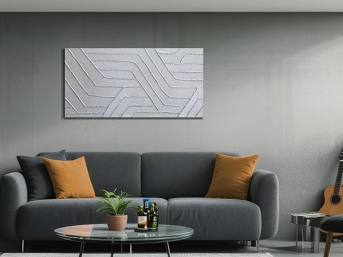 Arjun Modern Abstract Textured Wall Art Geometric Silver Grey Canvas Painting,Hand Painted Large Artwork Framed Picture for Living Room Bedroom Home Office Wall Decor 40"x20"