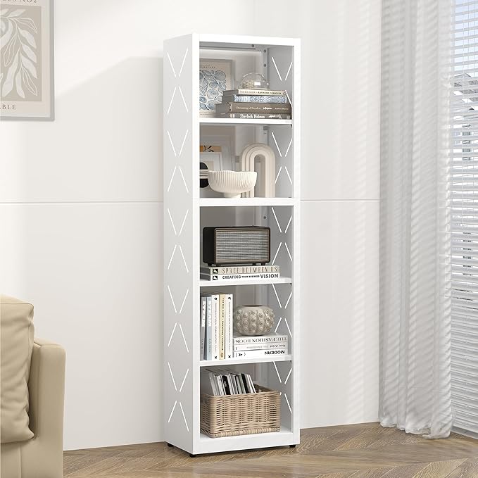 5 Tier Bookshelf, 55"Tall Metal Bookcase with Adjustable Shelves, Modern Display Book Shelf, White Bookcase Shelf, Utility Shelf, Storage Shelves for Office, Living Room, Kitchen, Study-16"W