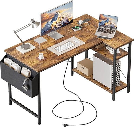 Mericonia Small L Shaped Computer Desk with Power Outlets, Reversible Gaming Desk with Storage Shelves, Corner Gamer Desk Table, Study Writing Table