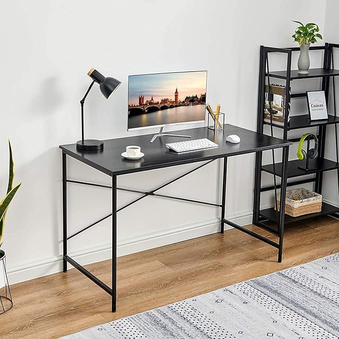 FurnitureR Home Office Desk 47.2-Inch, Simple Computer Desk with Sturdy Metal Legs, Multi-Purpose Writing Table for Students, Work, or Study, Black