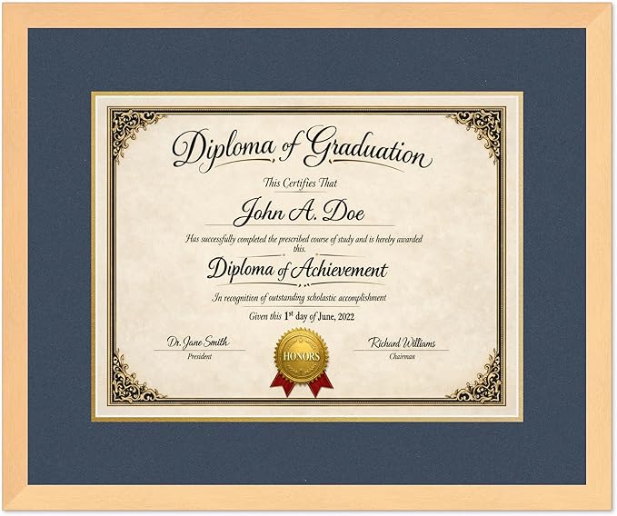 Diploma Frame Natural Wood with Navy Blue Over Gold Double Mat - Fits 17 x 13 International Diploma Wall Display Made in the USA