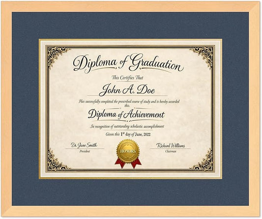 Diploma Frame Natural Wood with Navy Blue Over Gold Double Mat - Fits 17 x 13 International Diploma Wall Display Made in the USA