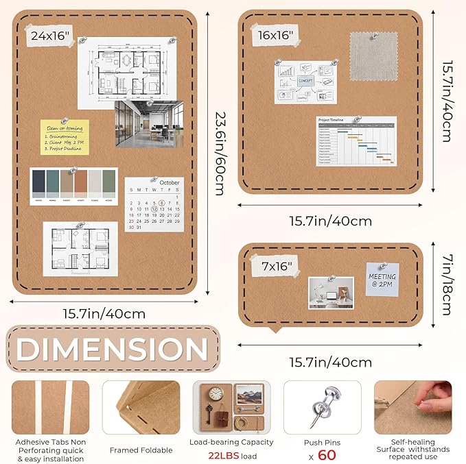 3 Pack Large Felt Bulletin Boards 24"/16"/7"x 16" Foldable Picture Vision Board for Office Wall Frameless Cork Board with 60 Push Pin for Home, Kitchen, Wall Pin Boards(Brown)
