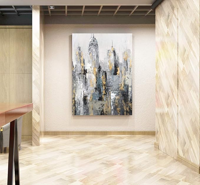 Yihui Arts Modern Abstract Cityscape Canvas Wall Art Painting with Gold Foil Hand Painted Building Pictures for Living Room Decoration