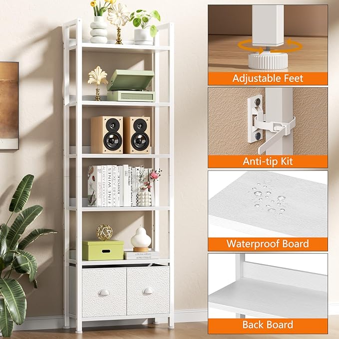 Furologee White 6 Tier Bookshelf with Drawers, Tall 71" Bookcase with Shelves, Modern Wood and Metal Bookshelves Storage Organizer, Display Free Standing Shelf Unit for Bedroom, Living Room, Office