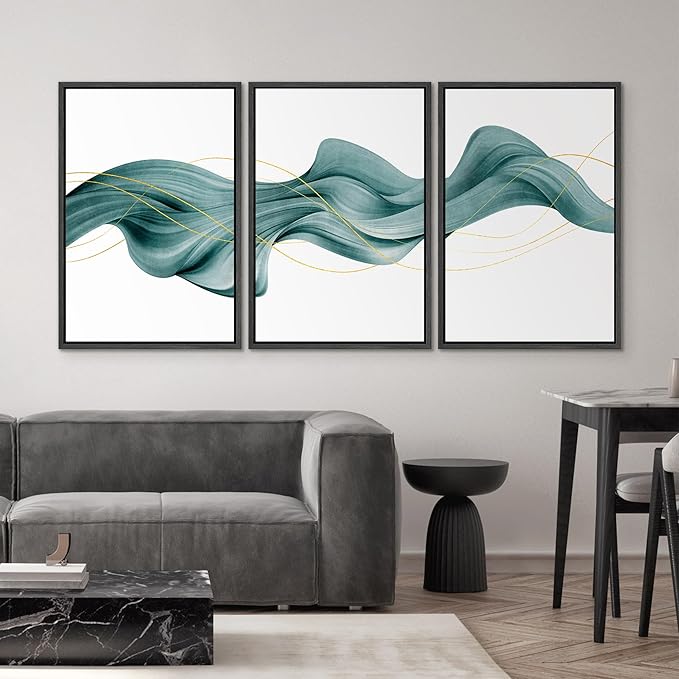 SIGNWIN Framed Canvas Print Wall Art Set Futuristic Teal Geometric Smoke Wave Abstract Shapes Illustrations Modern Art Decorative Nordic Zen Chic for Living Room, Bedroom, Office - 16"x24"x3 Black