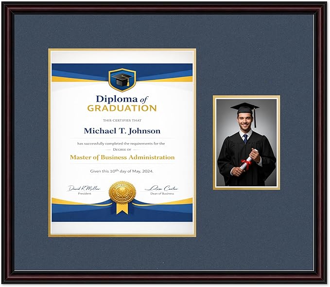 Diploma Frame With Photo Opening Executive Brown Navy Blue Over Gold Mat - Fits 11 x 14 Degree and Picture Made in the USA