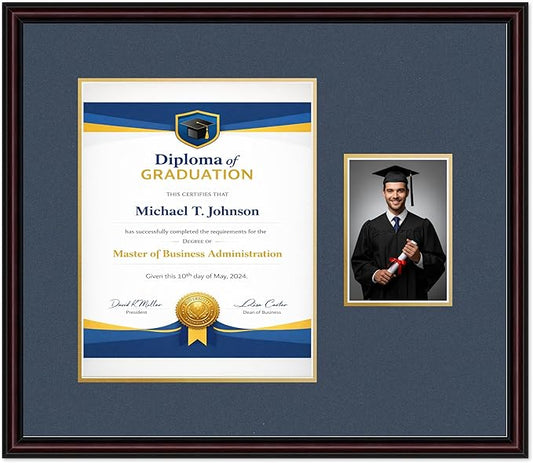 Diploma Frame With Photo Opening Executive Brown Navy Blue Over Gold Mat - Fits 11 x 14 Degree and Picture Made in the USA