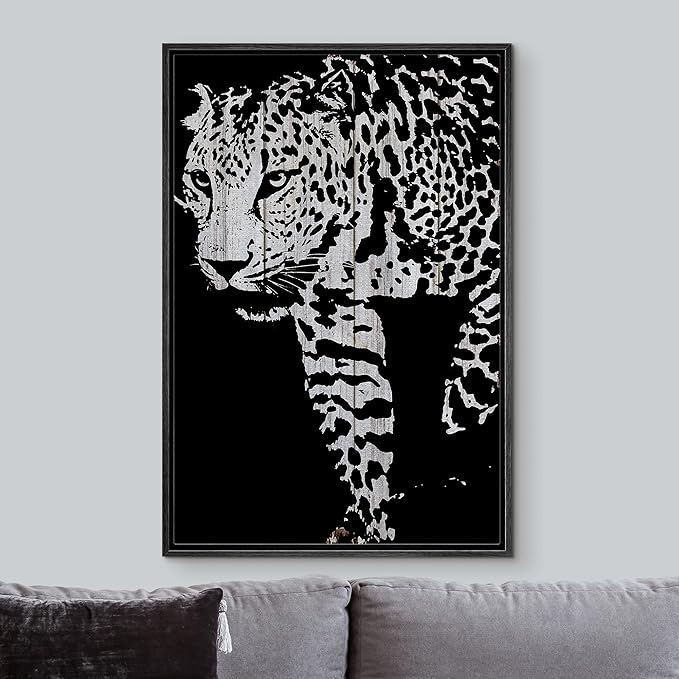 IDEA4WALL Framed Canvas Print Wall Art Grayscale Spotted Leopard on Wood Panels Animals WildLife Illustrations Modern Art Tropical Portrait Dark for Living Room, Bedroom, Office - 16"x24" BLACK