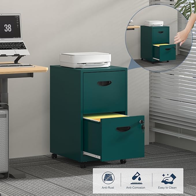2 Drawer File Cabinet with Lock, Filing Cabinets with Wheels, Rolling File Cabinets for Home Office, Metal Office File Cabinet, Mobile Filing Cabinet for Holding Letters and File Boxes, Green