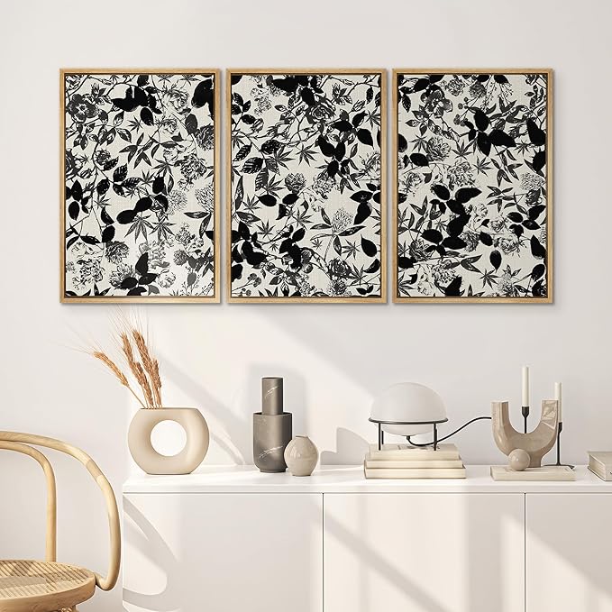 SIGNWIN Framed Canvas Print Wall Art Set Black and White Botanical Collage Monochrome Floral and Leaf Illustrations Modern Art Decorative Abstract for Living Room, Bedroom, Office - 24"x36"x3 Natural