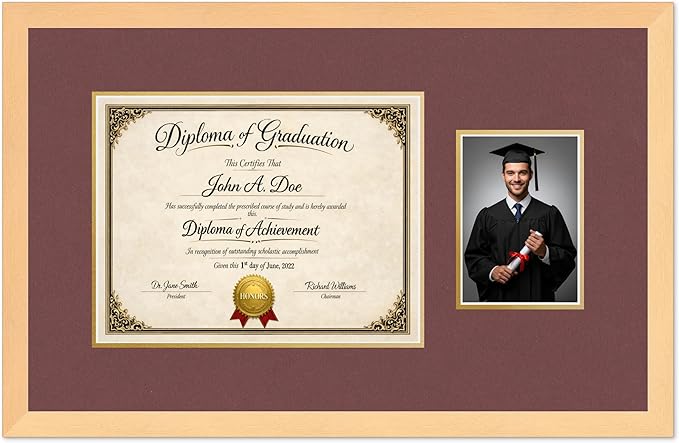 Diploma Frame With Photo Opening Natural Wood Dark Red Over Gold Mat - Fits 13 x 10 Degree and Picture Made in the USA
