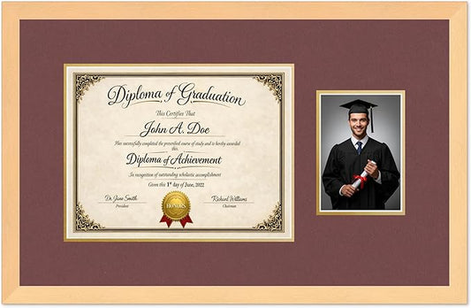 Diploma Frame With Photo Opening Natural Wood Dark Red Over Gold Mat - Fits 13 x 10 Degree and Picture Made in the USA