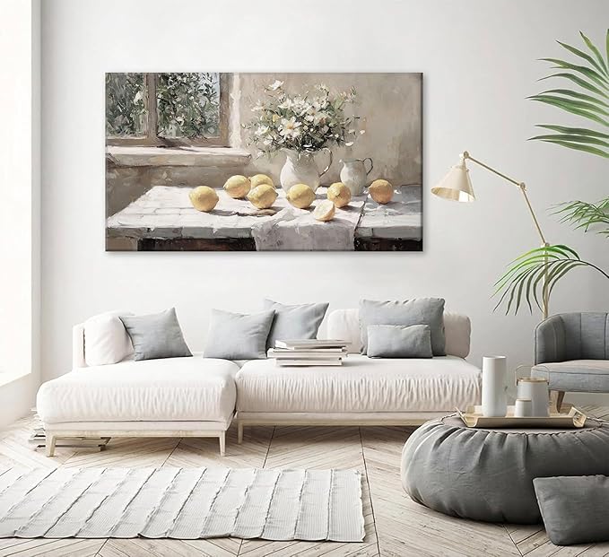 XXOUYLQ Vintage Kitchen Wall Art Yellow Lemon Still Life Pictures Daisy oil Painting Poster Rustic Farmhouse Artwork Posters White vase Canvas Bedroom Bathroom Wall Decor Kitchen Prints frame 12x24in