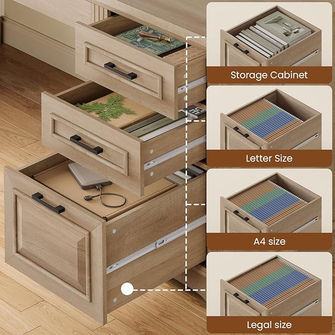 Itaar Farmhouse L Shaped Desk, Executive Computer Desk with Drawers and Storage Cabinet, Home Office Desk with File Drawer and Power Outlet, Corner Desk, Workstation for Office Home, Oak