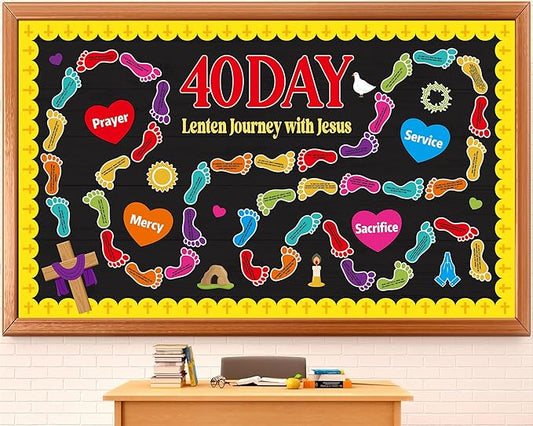 Christian Religious Bulletin Board Decorations Set Spring Sunday School Decoration 40 Day Journey with Jesus Paper Cutout Footprint Bible Verses Bulletin Board for Church Office Chalkboard Wall Decor
