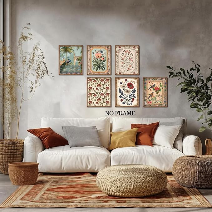 Vintage Floral Wall Art Poster Set of 6, Rustic Flower Bird Pictures Wall Decor, Retro Neutral Botanical Peacock Paintings Canvas Prints Aesthetic Home Decor for Living Room Bedroom 12x16in Unframed