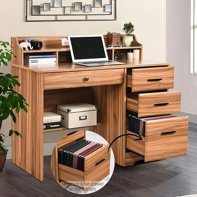 Catrimown Computer Desk with 4 Drawers and Hutch, Home Office Desk with File Drawer, 44” Rustic Oak Wood Desk, Study Table for Bedroom, Rustic Oak