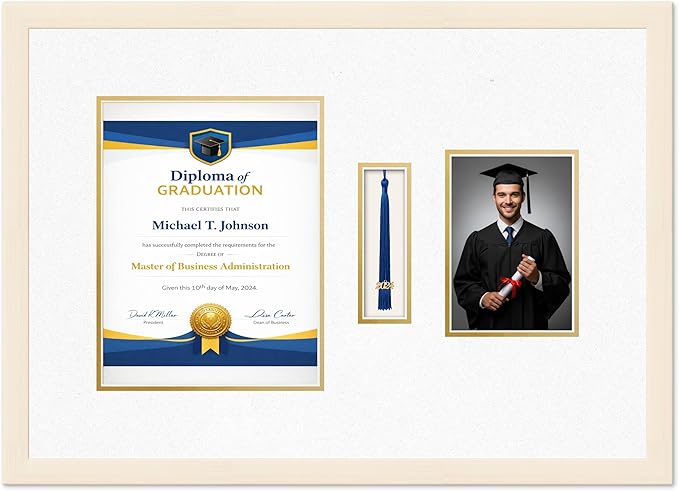 Diploma Tassel and Photo Frame Coastal Whitewash Shadowbox Oyster Shell Over Gold Mat - Fits 8.5 x 11 Degree Picture Made in the USA