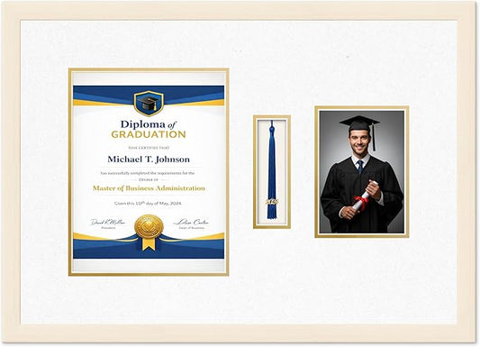 Diploma Tassel and Photo Frame Coastal Whitewash Shadowbox Oyster Shell Over Gold Mat - Fits 8.5 x 11 Degree Picture Made in the USA