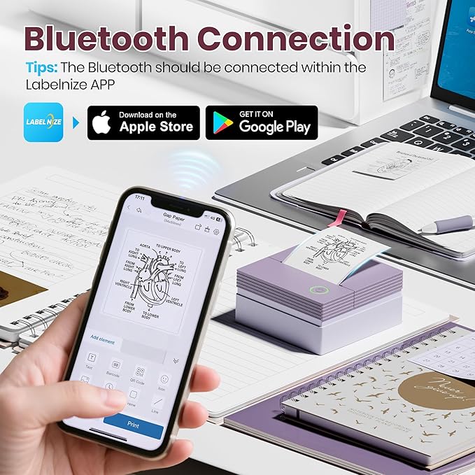 Sticker Printer, PM290C Portable Mini Printer, Inkless Bluetooth Sticker Maker with 3 Rolls Paper, Impresora Portátil for Notes, Journal, DIY, Gift, Print Pod for School/Office/Home, Purple
