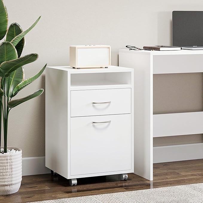 HOMCOM Rolling File Cabinet with Shelf, Office Container with Drawer, Office Cabinet, Storage Container for Office, Study, White, 40 x 35 x 60 cm