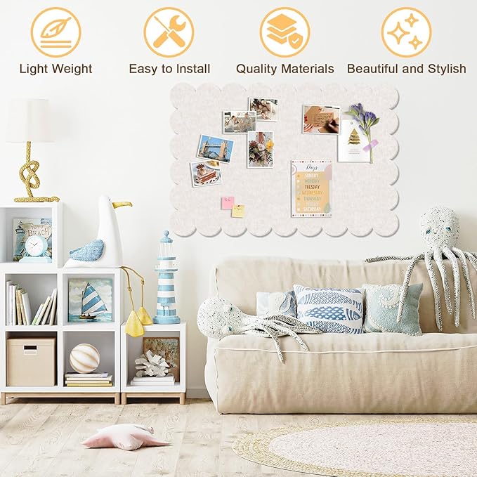 Beige Scalloped Felt Bulletin Board - 36 x 24 Inches Large Felt Board Foldable Cork Board Alternative Photo Board Self-Adhesive Vision Board Decorative Pin Board for Wall