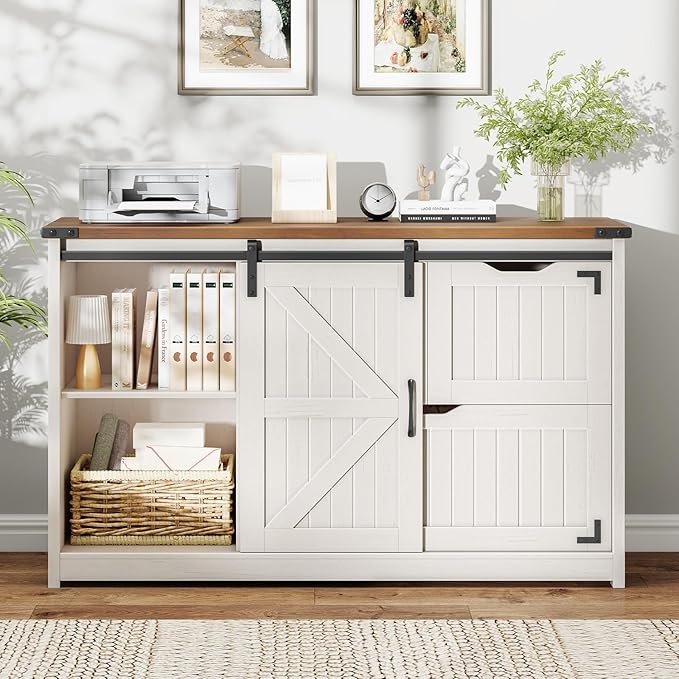 Vabches 47.8” Farmhouse Lateral File Cabinet with Sliding Barn Door, 3 Drawers Filing Storage Cabinets with Adjustable Shelf, Office Printer Stand for Hanging Files Letter/Legal/F4/A4.
